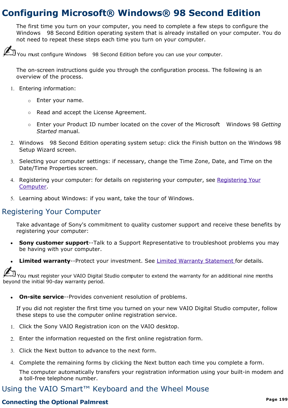 Registering your computer, Configuring microsoft® windows® 98 second edition, Using the vaio smart™ keyboard and the wheel mouse | Sony PCV-R538DS User Manual | Page 199 / 586