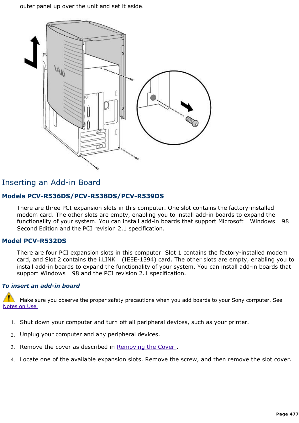 Inserting an add-in board | Sony PCV-R538DS User Manual | Page 477 / 586