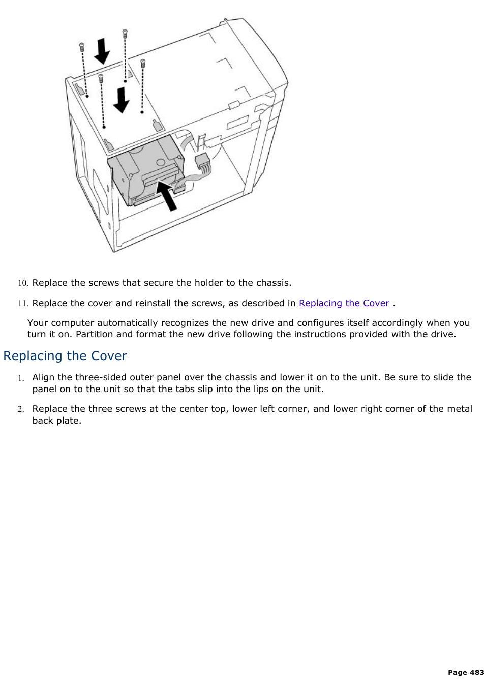 Replacing the cover | Sony PCV-R538DS User Manual | Page 483 / 586
