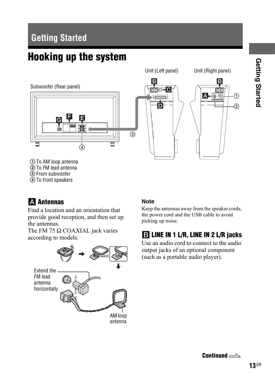 Getting started, Hooking up the system, Getting star ted | A antennas, B line in 1 l/r, Line in 2 l/r jacks | Sony LBT-DJ2I User Manual | Page 13 / 56