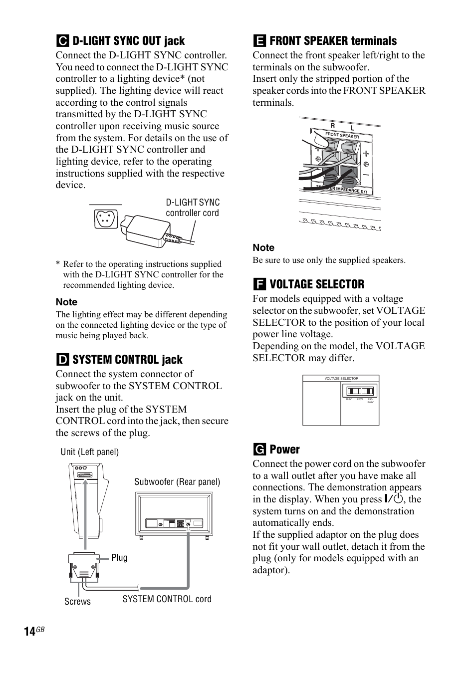 C d-light sync out jack, D system control jack, E front speaker terminals | F voltage selector, G power | Sony LBT-DJ2I User Manual | Page 14 / 56