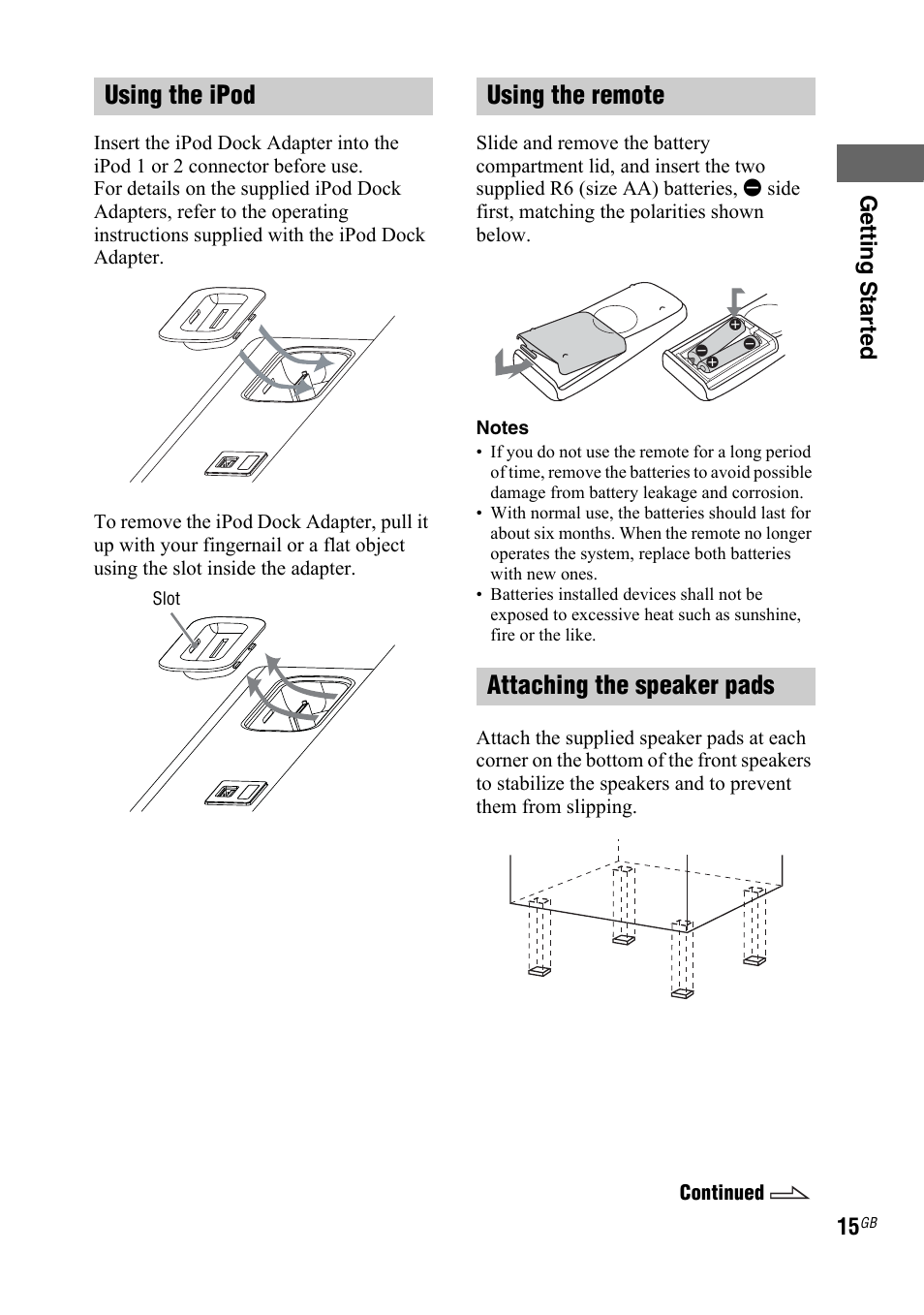 Using the ipod, Using the remote attaching the speaker pads | Sony LBT-DJ2I User Manual | Page 15 / 56