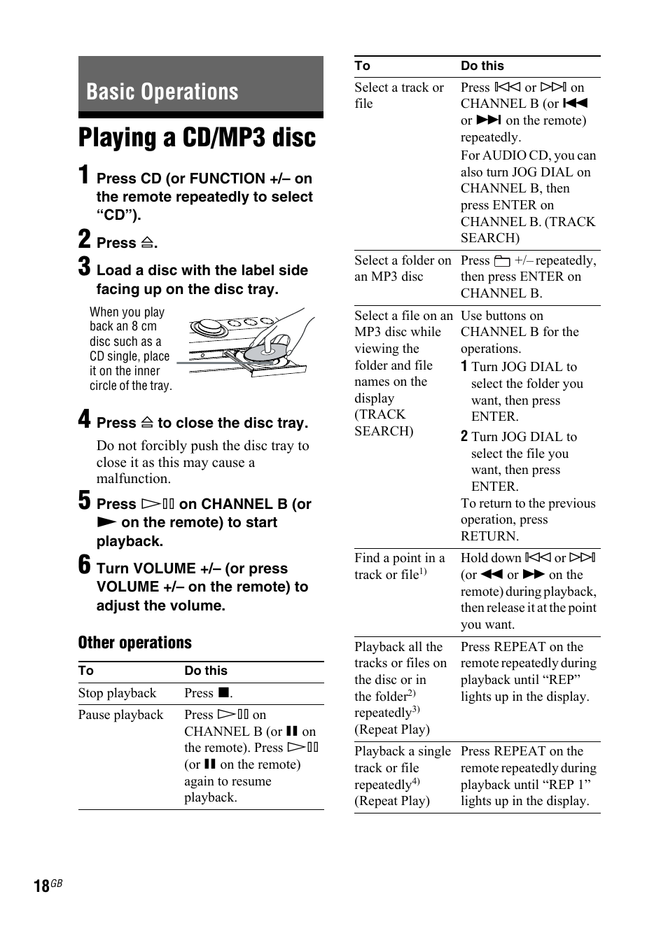 Basic operations, Playing a cd/mp3 disc, Playing a cd/mp3 disc 1 | Sony LBT-DJ2I User Manual | Page 18 / 56