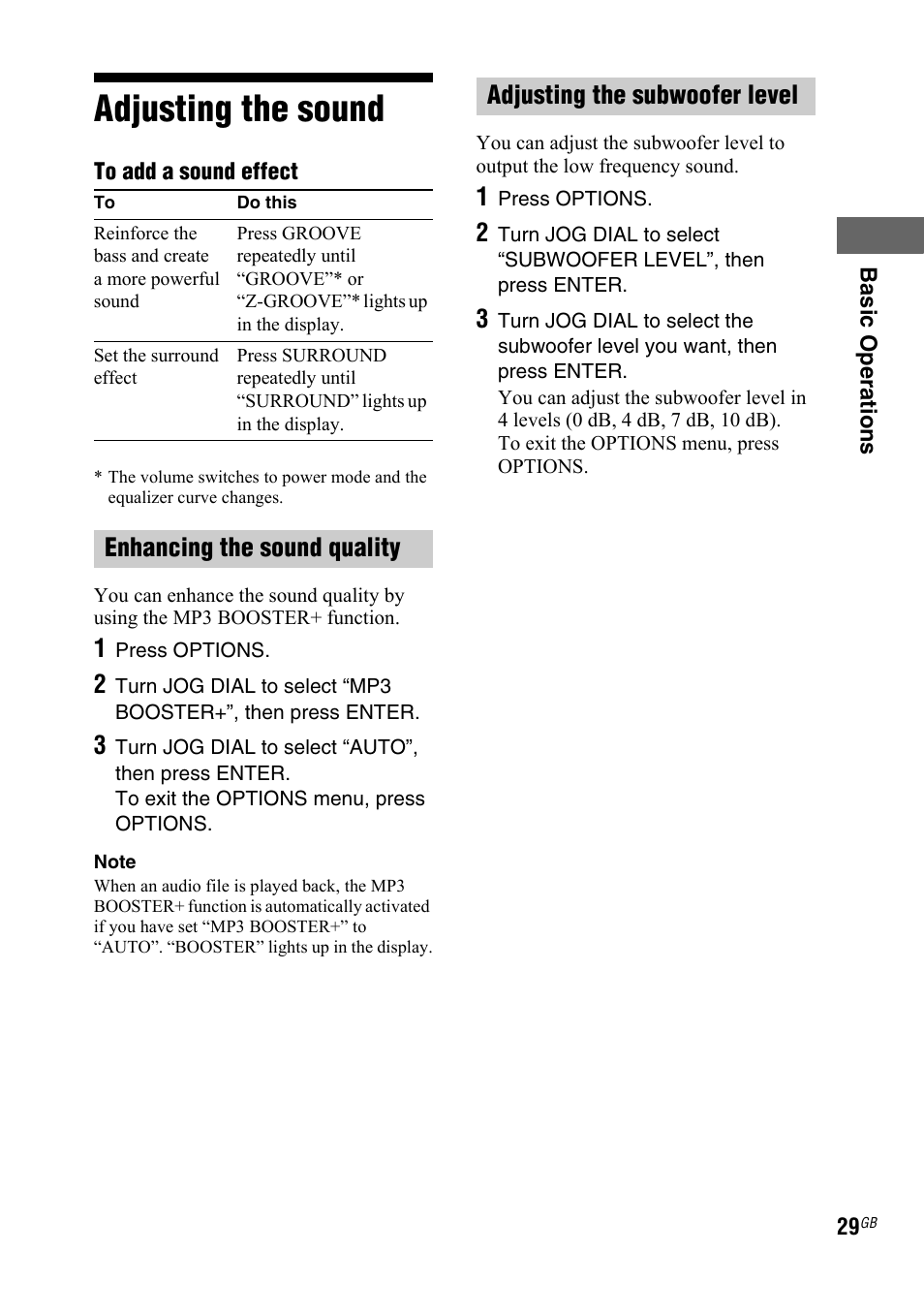 Adjusting the sound | Sony LBT-DJ2I User Manual | Page 29 / 56