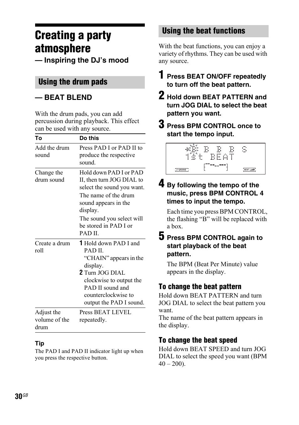 Creating a party atmosphere, Inspiring the dj’s mood, Beat blend | Sony LBT-DJ2I User Manual | Page 30 / 56