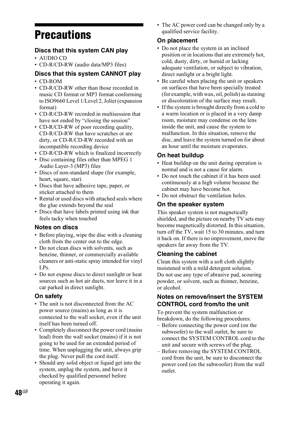 Precautions | Sony LBT-DJ2I User Manual | Page 48 / 56