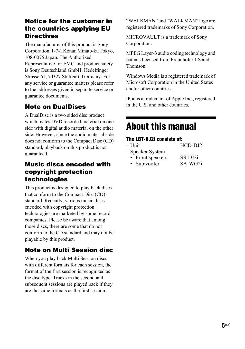 About this manual | Sony LBT-DJ2I User Manual | Page 5 / 56