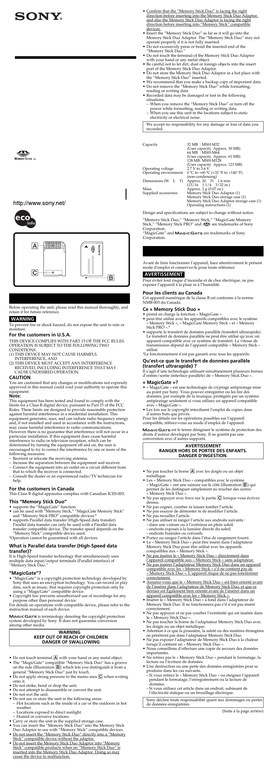 Sony MSH-M128A User Manual | 2 pages