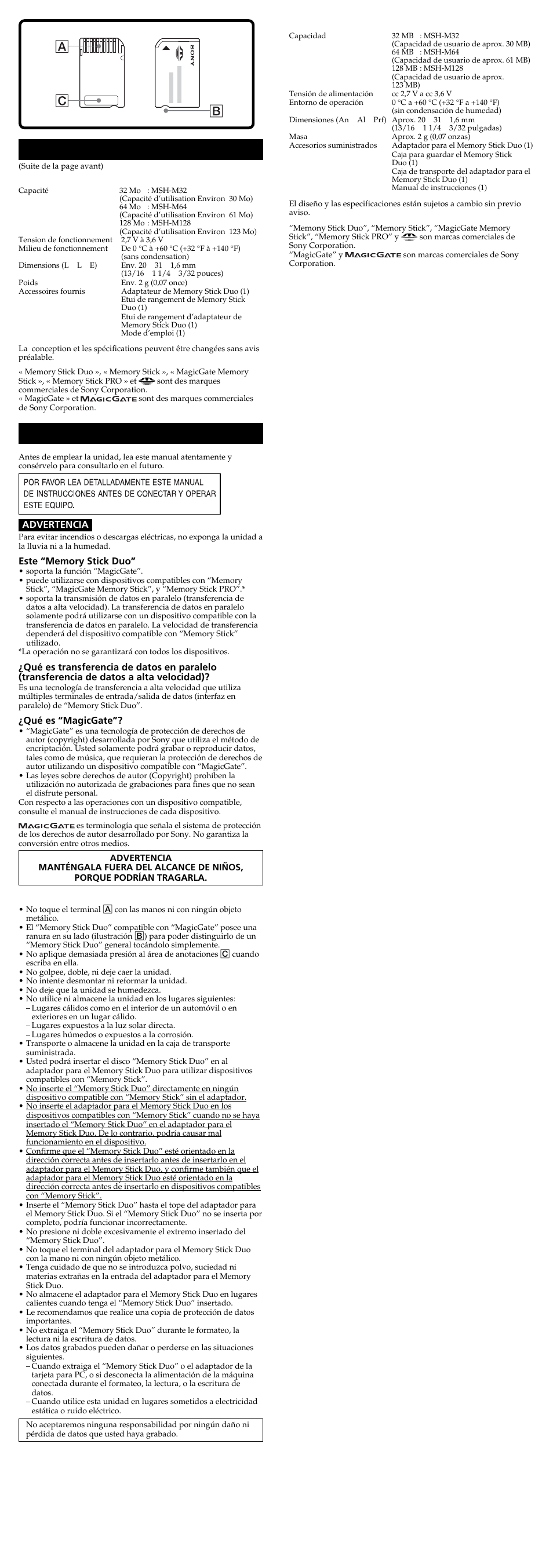 Français, Español, Fiche technique | Precauciones para la utilización, Especificaciones | Sony MSH-M128A User Manual | Page 2 / 2