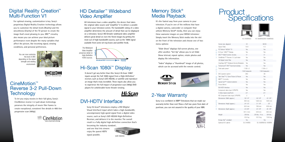 Product specifications, Hd detailer, Wideband video amplifier | Hi-scan 1080i, Display, Cinemotion, Reverse 3-2 pull-down technology, Digital reality creation, Multi-function v1, Media playback | Sony KV-34XBR800 User Manual | Page 2 / 2