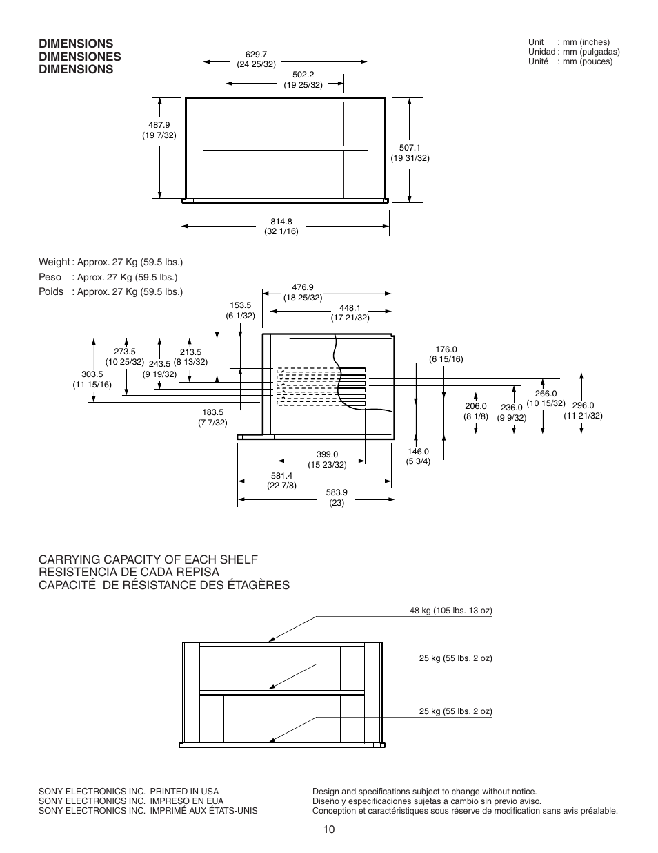 Dimensions dimensiones dimensions | Sony SU-27F2 User Manual | Page 10 / 12