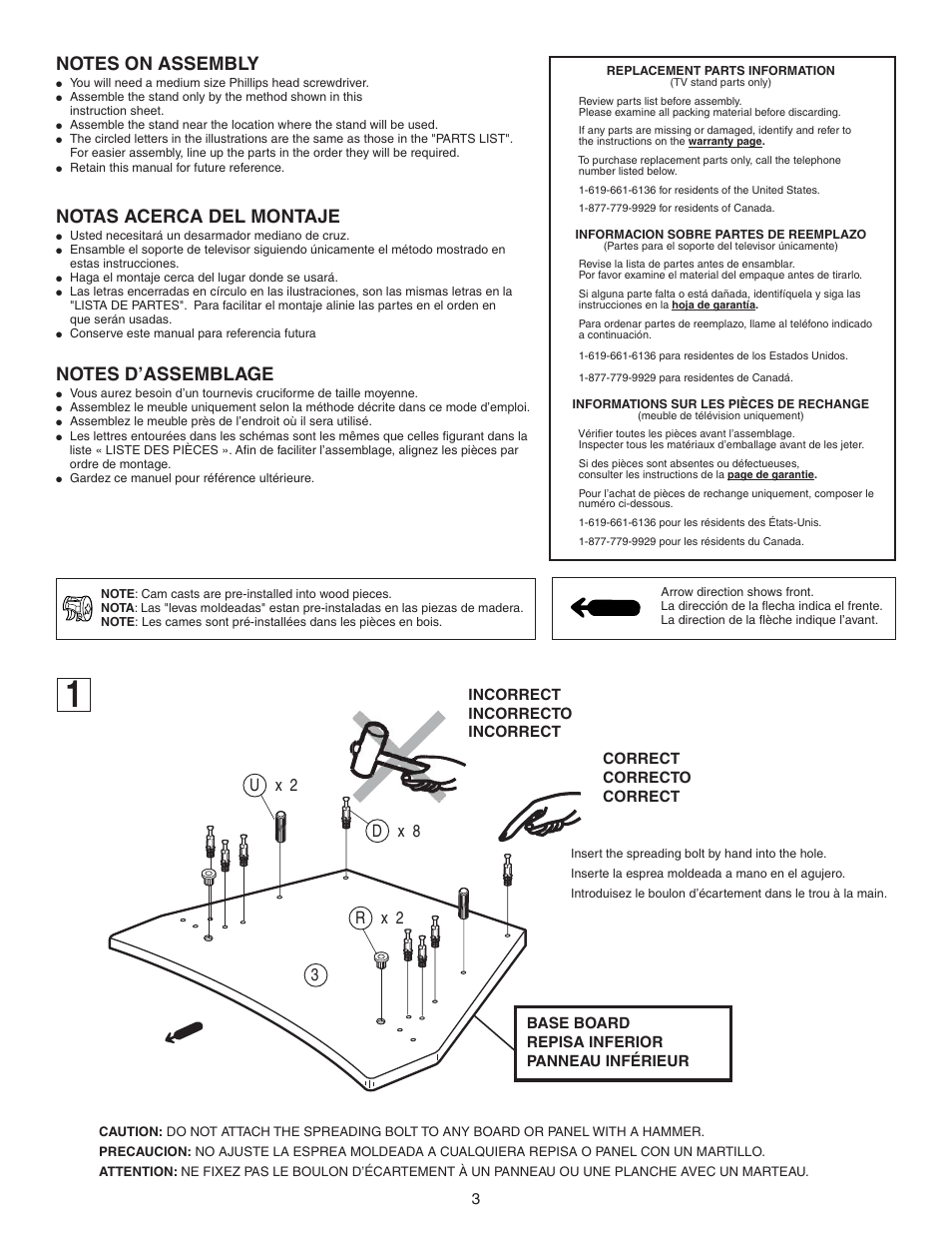Notas acerca del montaje, R x 2 3 u x 2 d x 8, Base board repisa inferior panneau inférieur | Sony SU-27F2 User Manual | Page 3 / 12