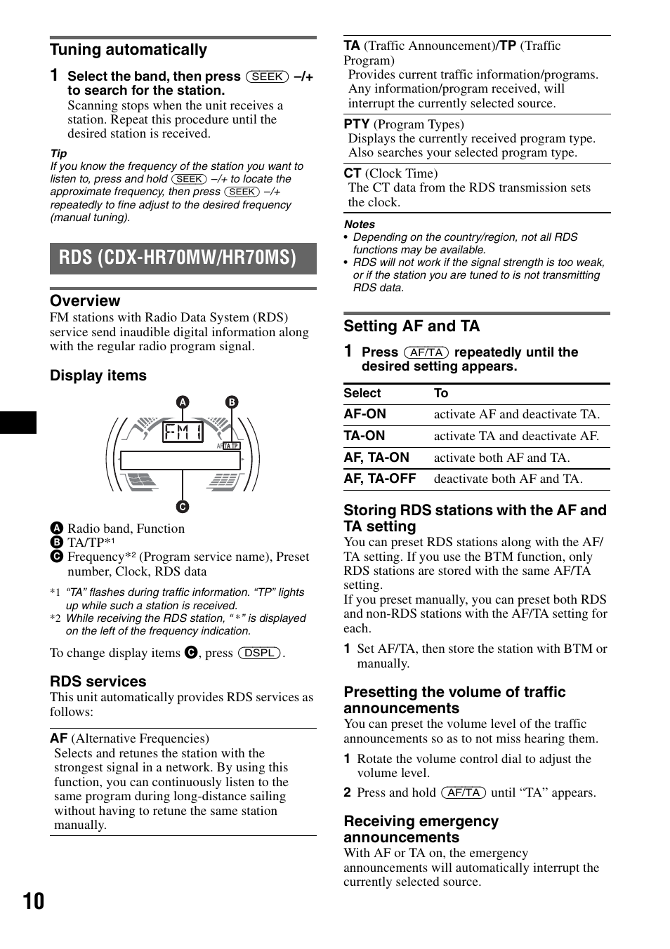 Tuning automatically, Rds (cdx-hr70mw/hr70ms), Overview | Setting af and ta, Overview setting af and ta, S) 10 | Sony CDX-HS70MW User Manual | Page 10 / 132