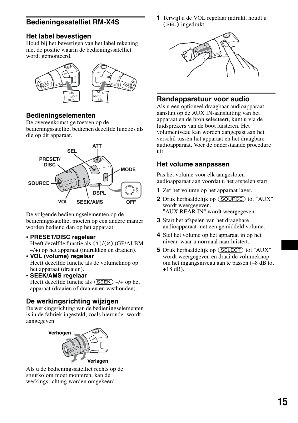 Bedieningssatelliet rm-x4s, Randapparatuur voor audio, Het label bevestigen | Bedieningselementen, De werkingsrichting wijzigen, Het volume aanpassen | Sony CDX-HS70MW User Manual | Page 101 / 132