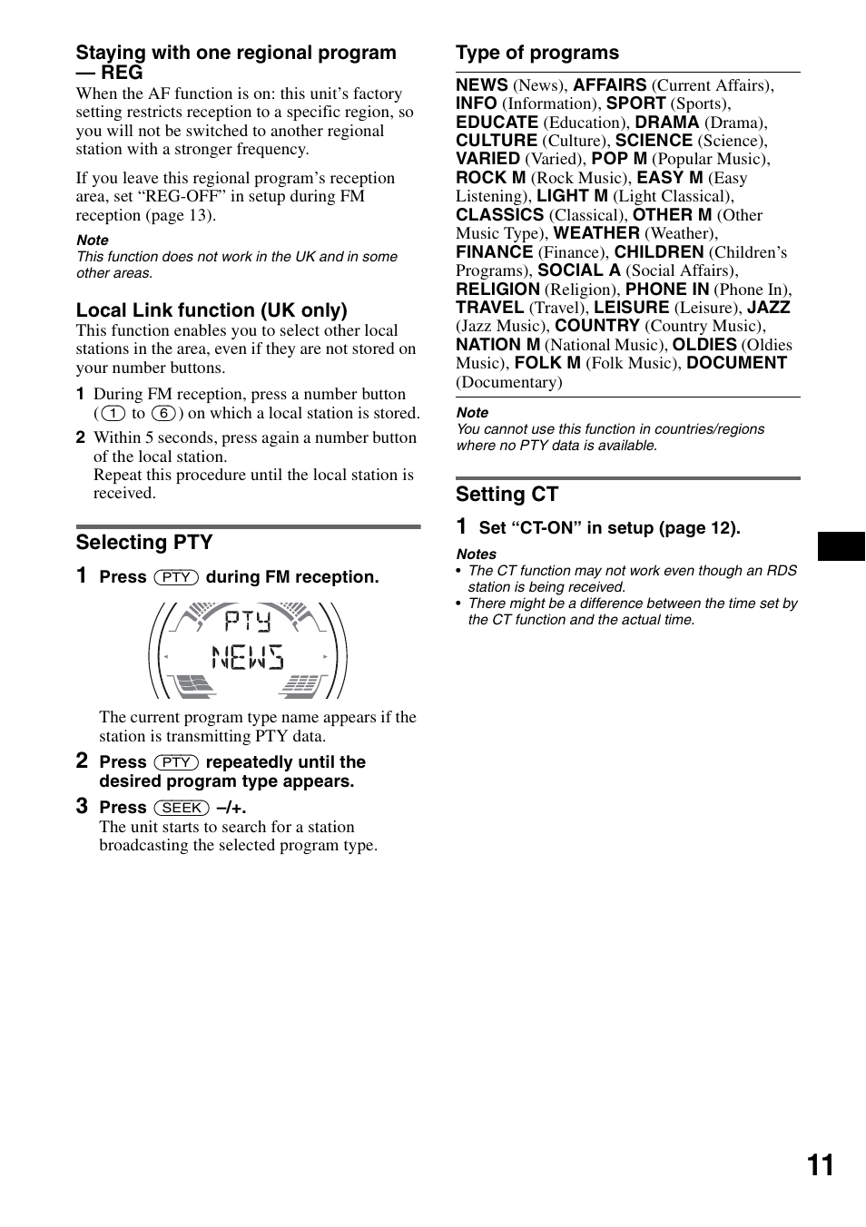 Selecting pty, Setting ct, Selecting pty setting ct | S) 11 | Sony CDX-HS70MW User Manual | Page 11 / 132