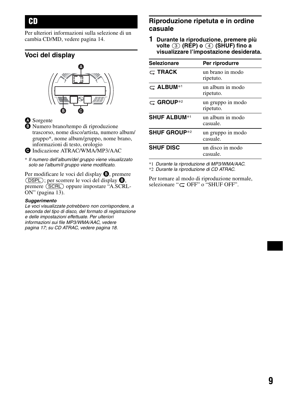 Voci del display, Riproduzione ripetuta e in ordine casuale, Ep 9 | Sony CDX-HS70MW User Manual | Page 115 / 132