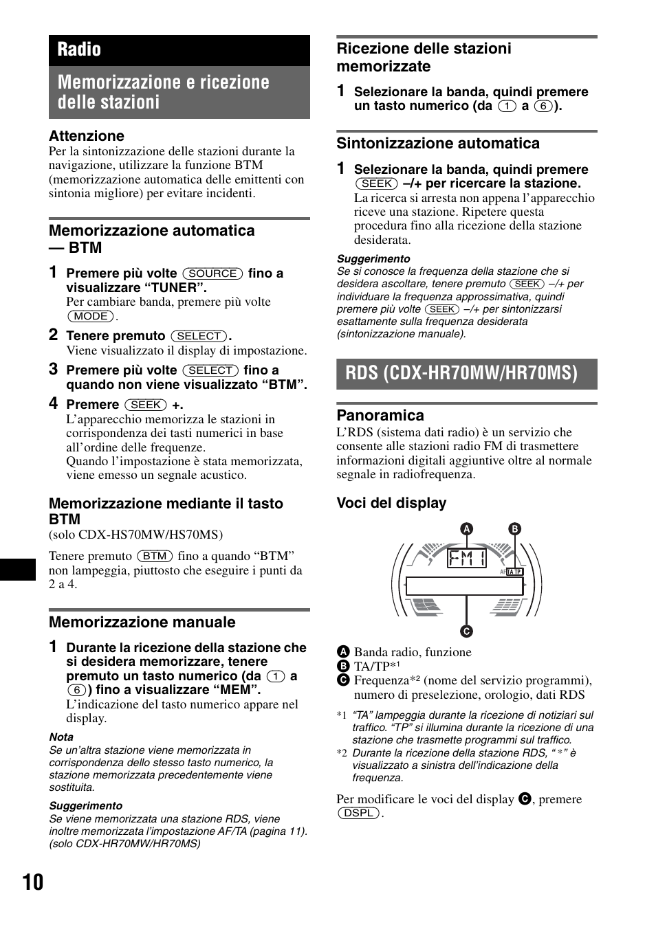 Radio, Memorizzazione e ricezione delle stazioni, Memorizzazione automatica - btm | Memorizzazione manuale, Ricezione delle stazioni memorizzate, Sintonizzazione automatica, Rds (cdx-hr70mw/hr70ms), Panoramica | Sony CDX-HS70MW User Manual | Page 116 / 132