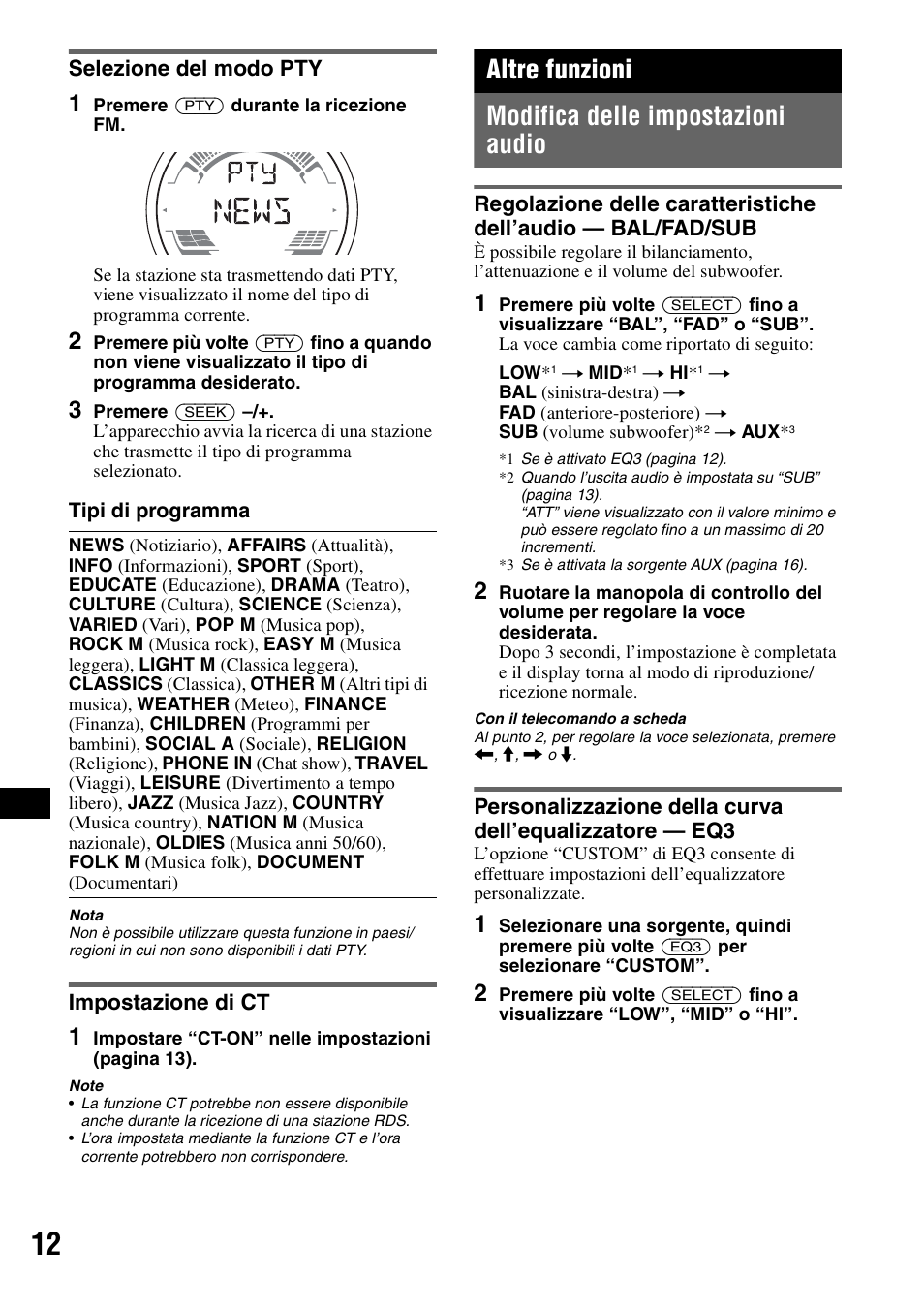 Selezione del modo pty, Impostazione di ct, Altre funzioni | Modifica delle impostazioni audio, Selezione del modo pty impostazione di ct, Altre funzioni modifica delle impostazioni audio | Sony CDX-HS70MW User Manual | Page 118 / 132