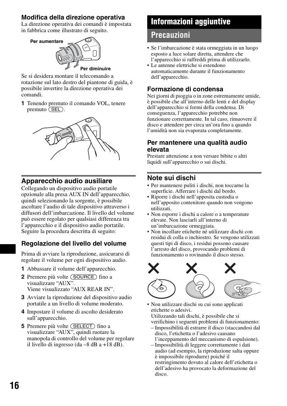 Apparecchio audio ausiliare, Informazioni aggiuntive, Precauzioni | Note sui dischi, Informazioni aggiuntive precauzioni | Sony CDX-HS70MW User Manual | Page 122 / 132