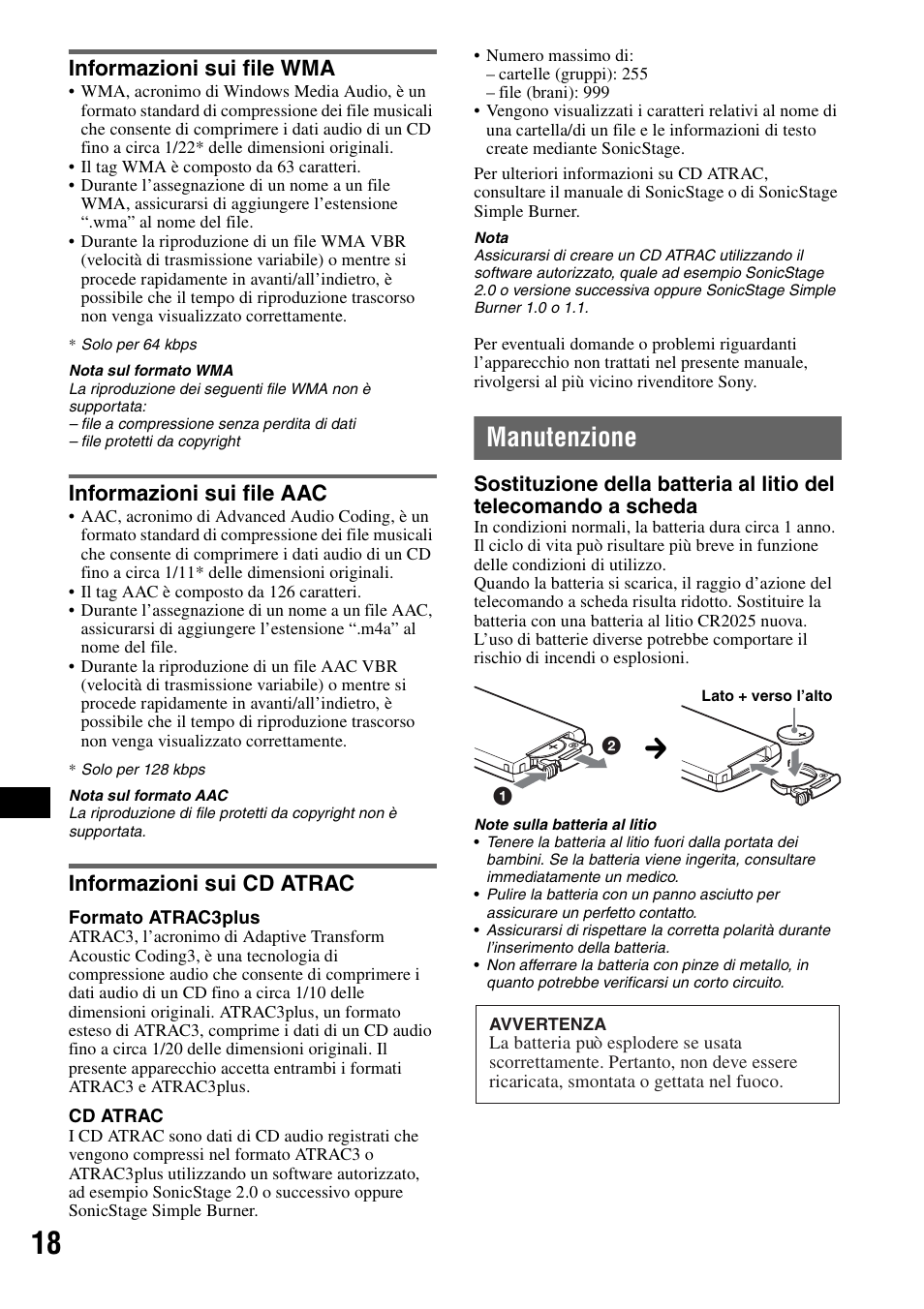 Informazioni sui file wma, Informazioni sui file aac, Informazioni sui cd atrac | Manutenzione | Sony CDX-HS70MW User Manual | Page 124 / 132