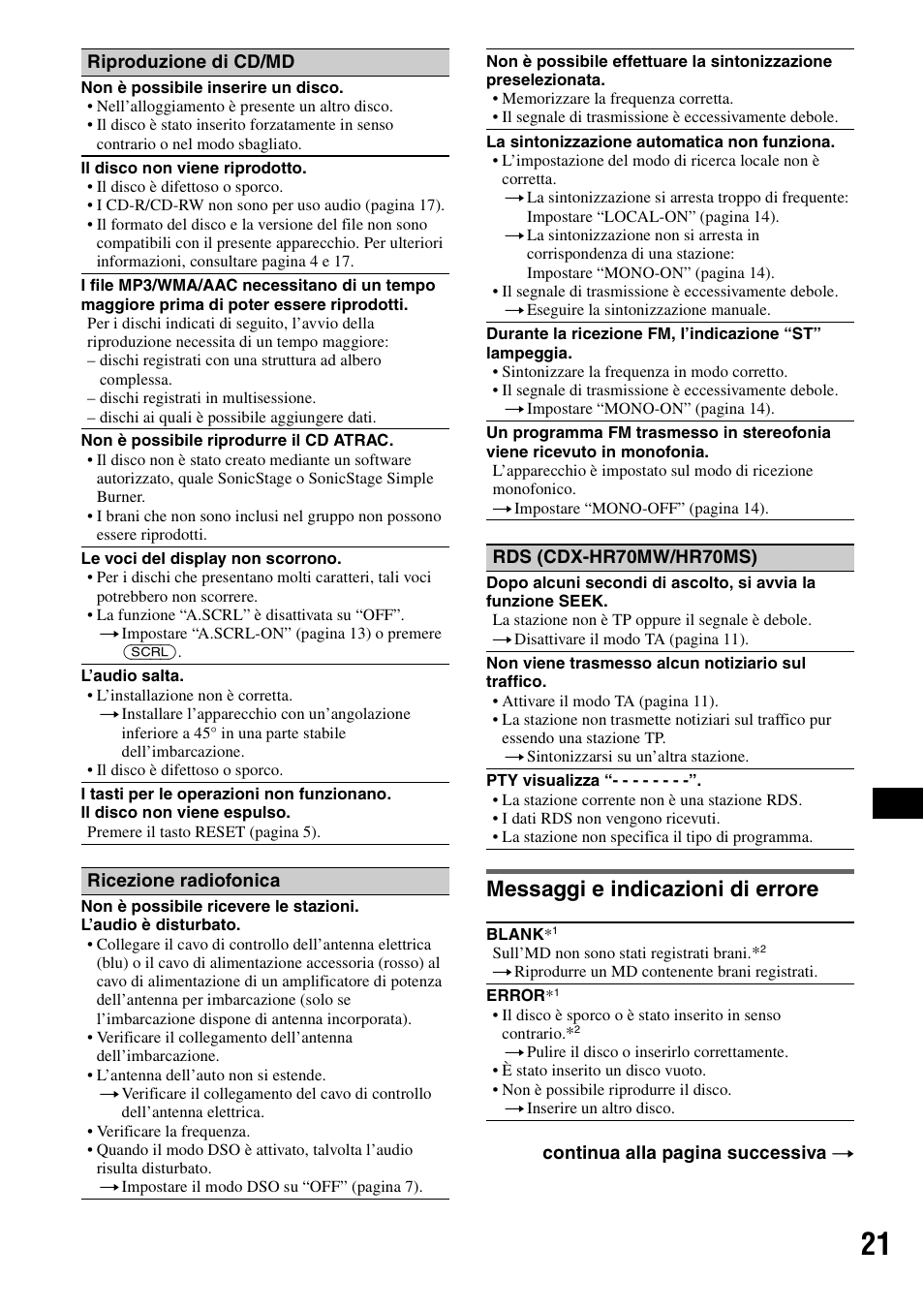 Messaggi e indicazioni di errore | Sony CDX-HS70MW User Manual | Page 127 / 132