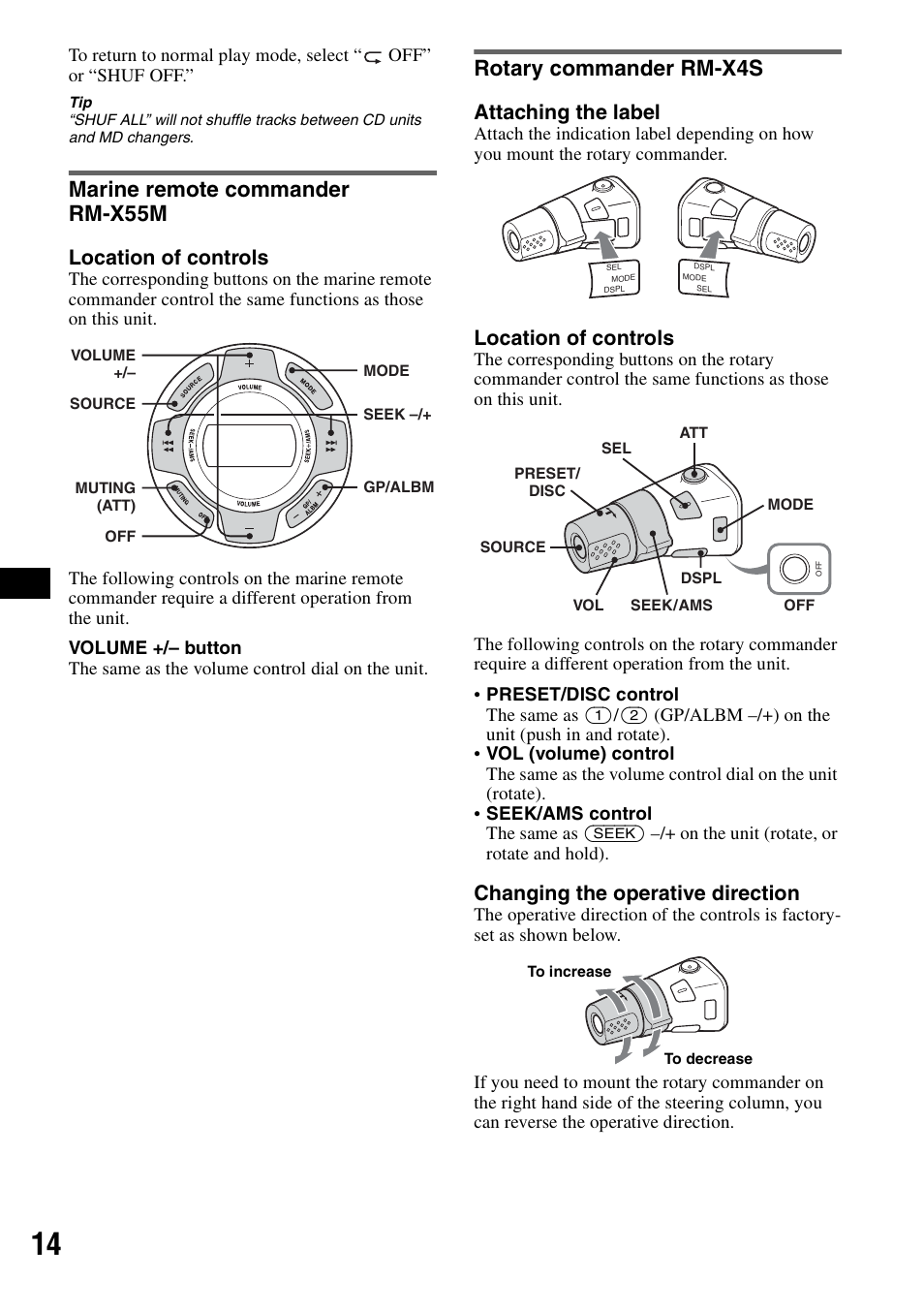 Marine remote commander rm-x55m, Rotary commander rm-x4s, Location of controls | Attaching the label, Changing the operative direction | Sony CDX-HS70MW User Manual | Page 14 / 132