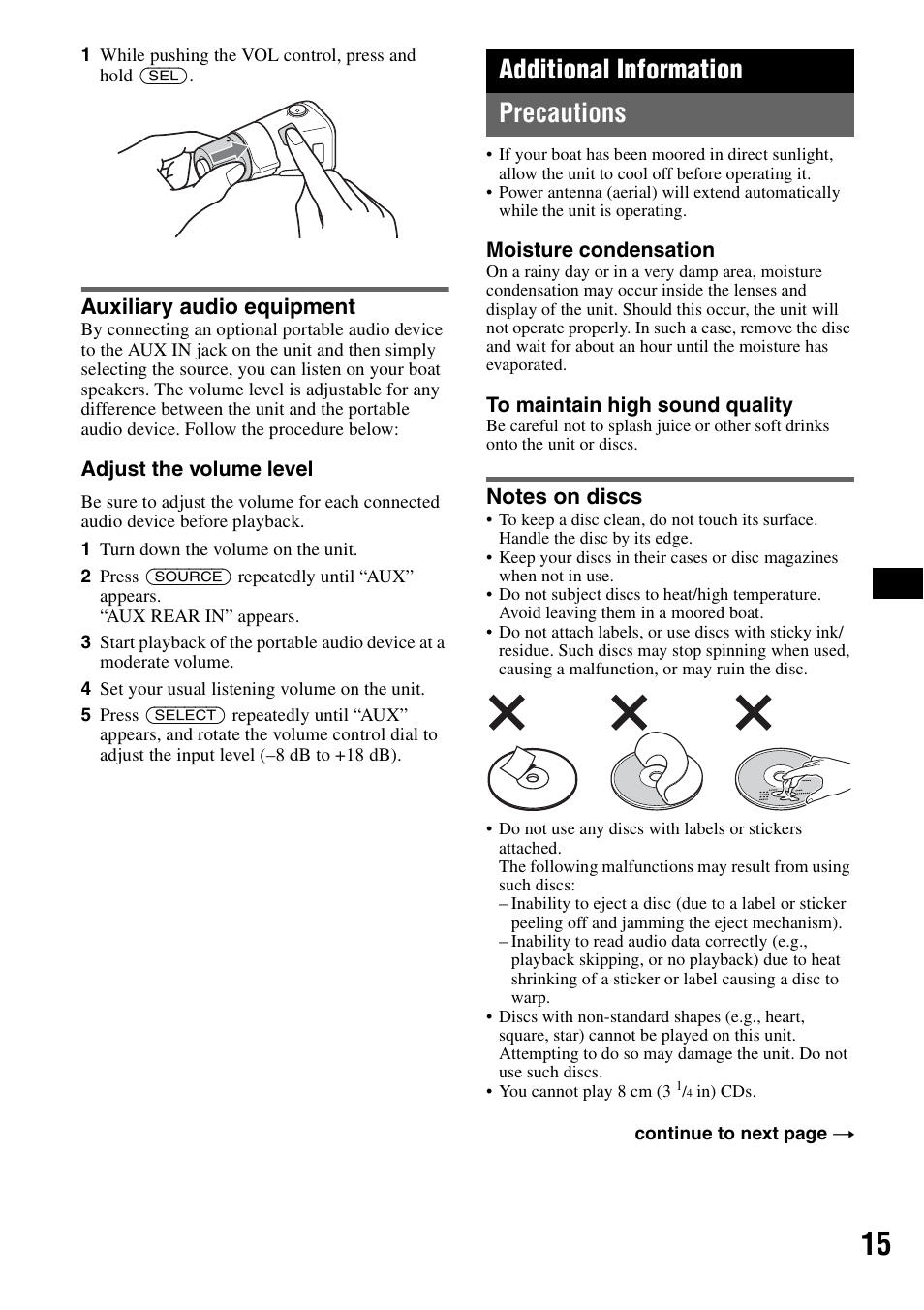 Auxiliary audio equipment, Additional information, Precautions | Notes on discs, Additional information precautions | Sony CDX-HS70MW User Manual | Page 15 / 132