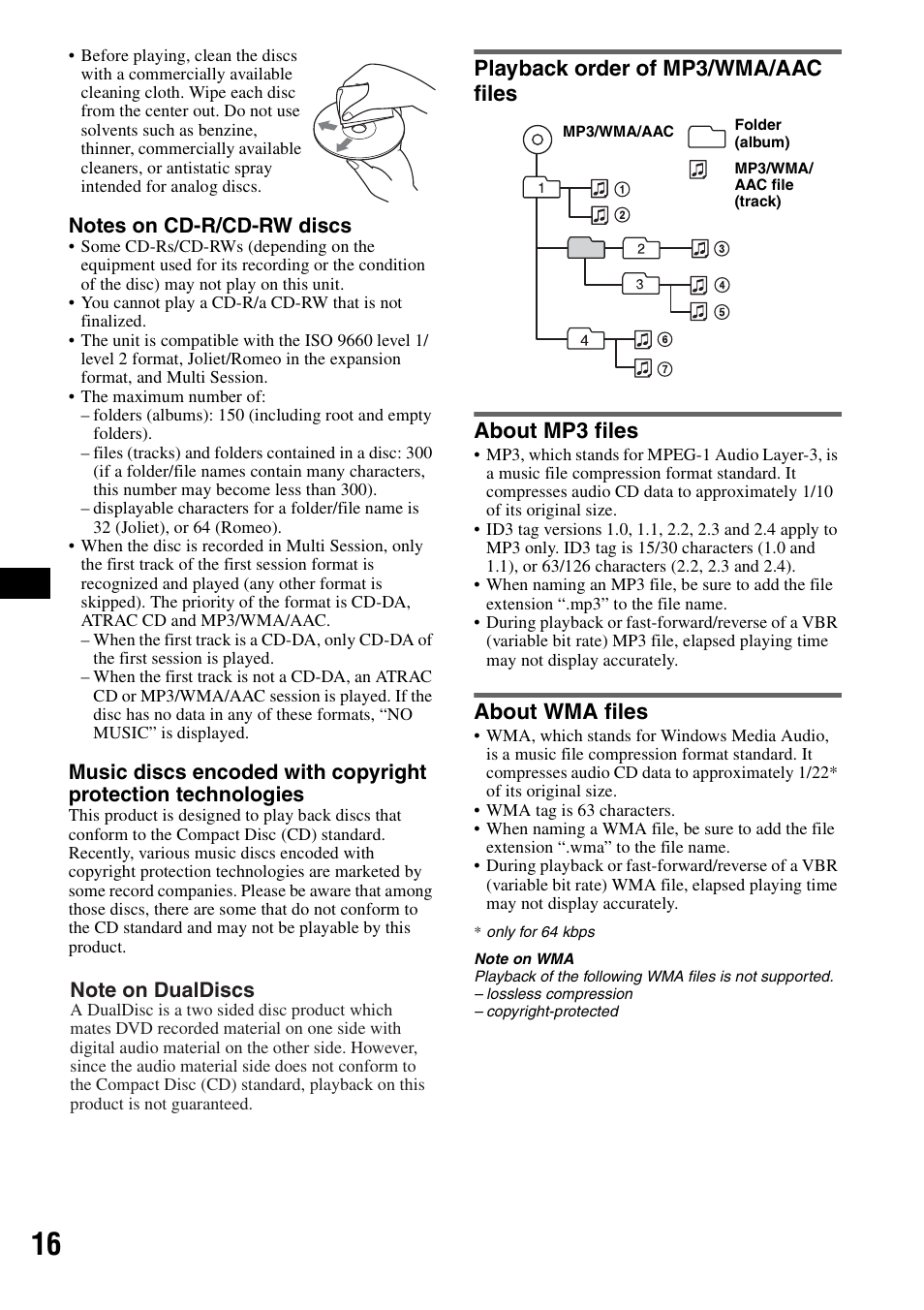 Playback order of mp3/wma/aac files, About mp3 files, About wma files | Playback order of mp3/wma, Aac files about mp3 files about wma files | Sony CDX-HS70MW User Manual | Page 16 / 132