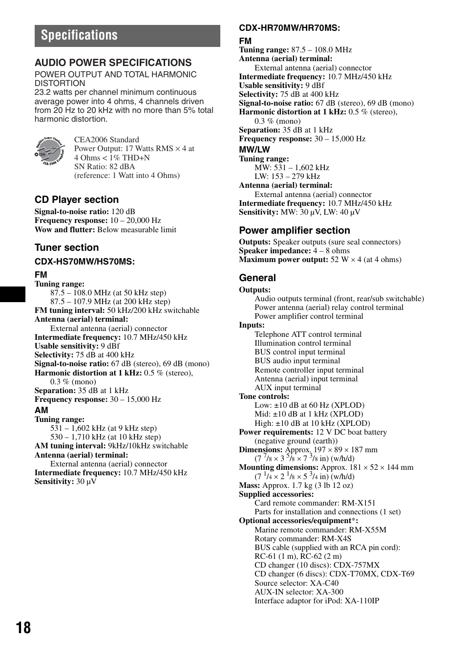 Specifications, General, Audio power specifications | Sony CDX-HS70MW User Manual | Page 18 / 132