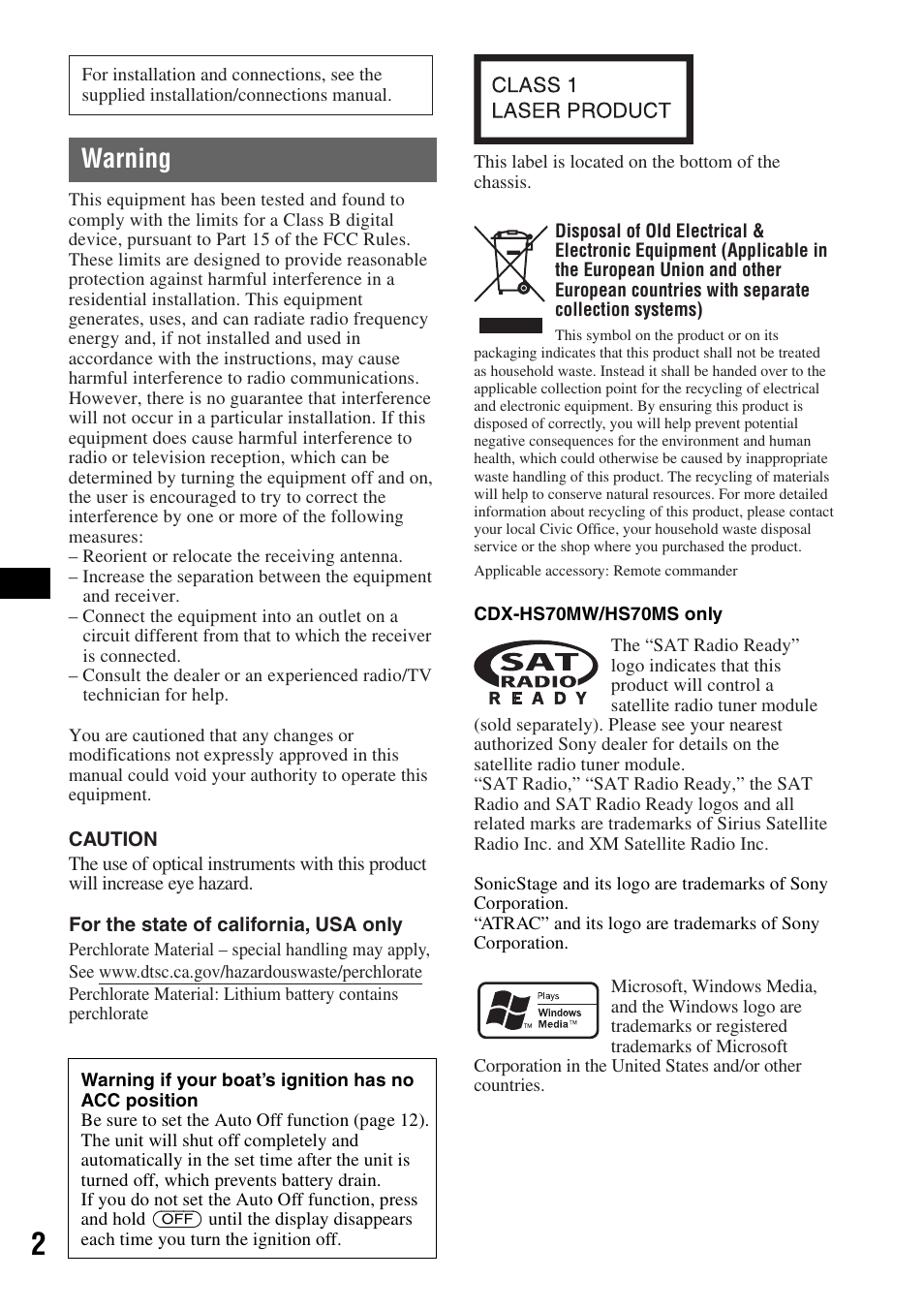 Warning | Sony CDX-HS70MW User Manual | Page 2 / 132
