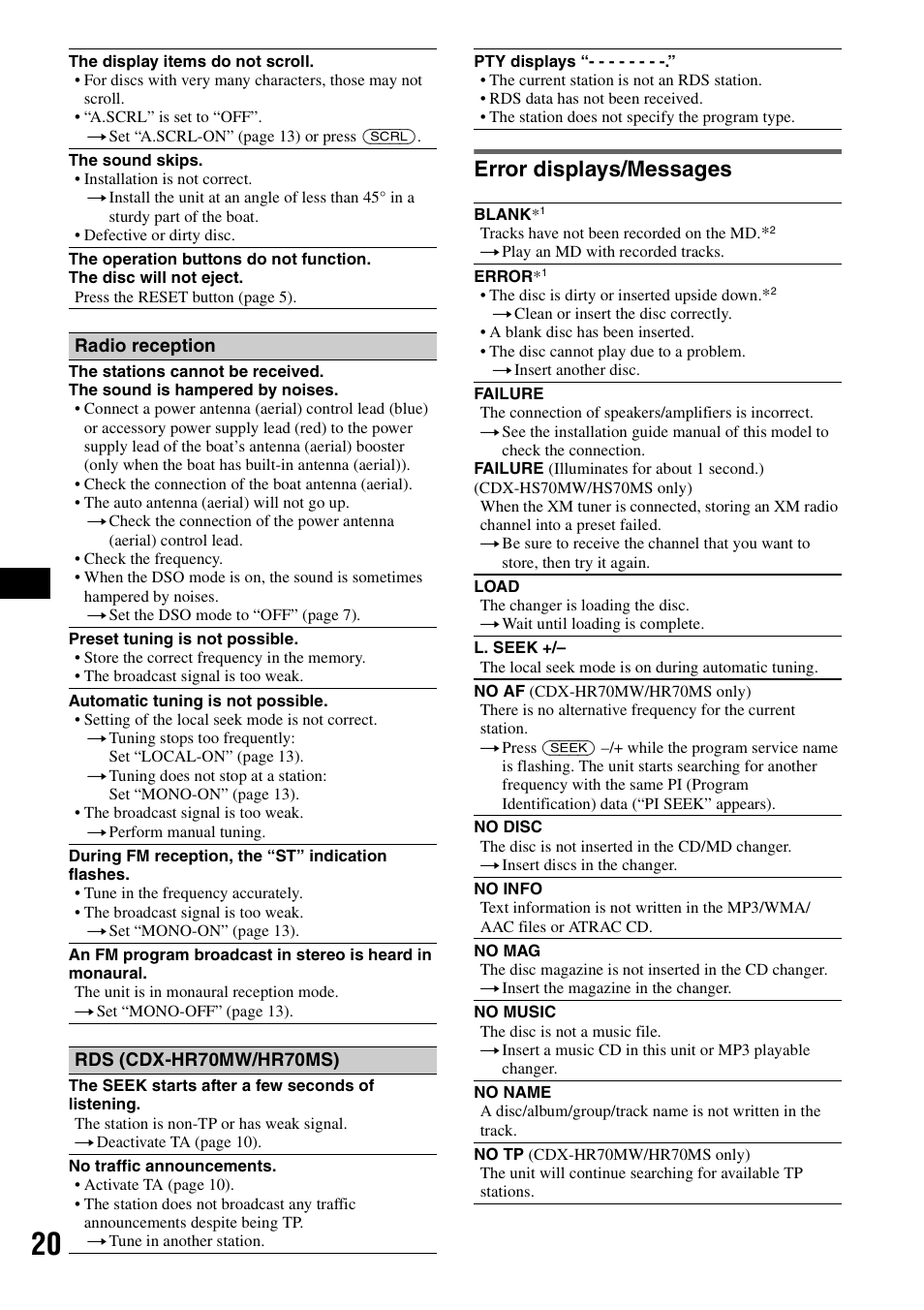 Error displays/messages | Sony CDX-HS70MW User Manual | Page 20 / 132