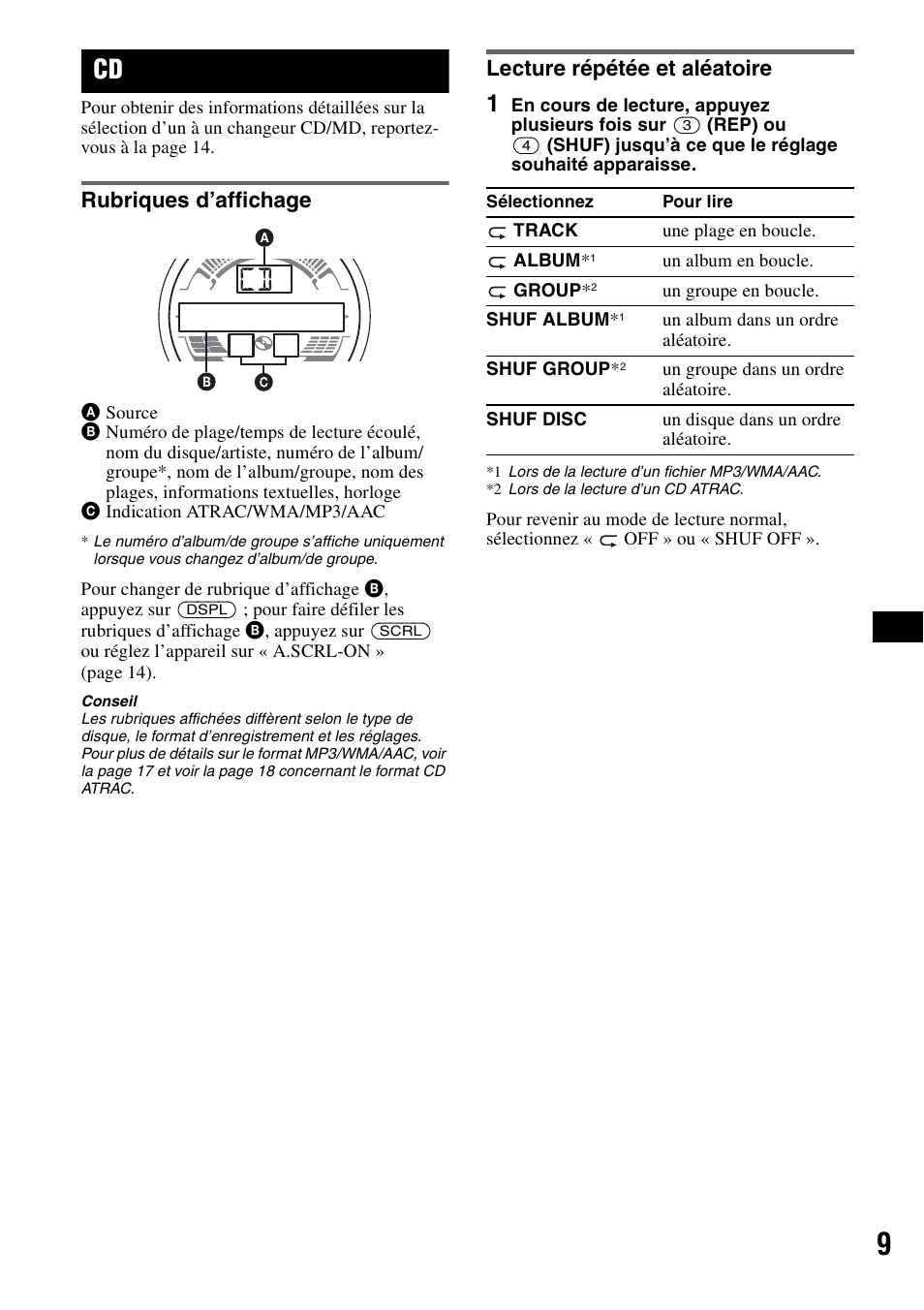 Rubriques d’affichage, Lecture répétée et aléatoire, Rubriques d’affichage lecture répétée et aléatoire | Sony CDX-HS70MW User Manual | Page 29 / 132