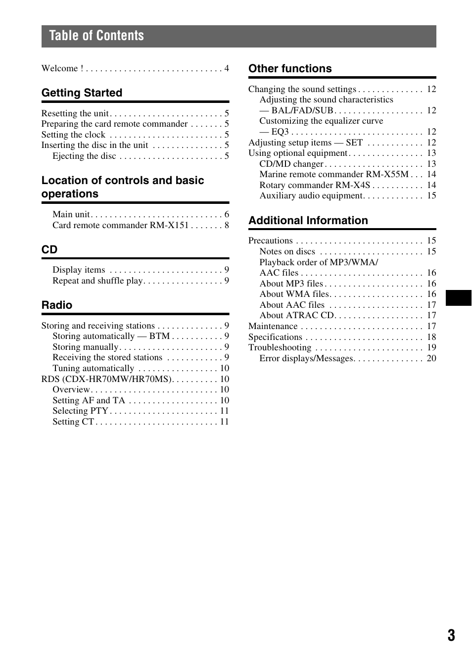 Sony CDX-HS70MW User Manual | Page 3 / 132