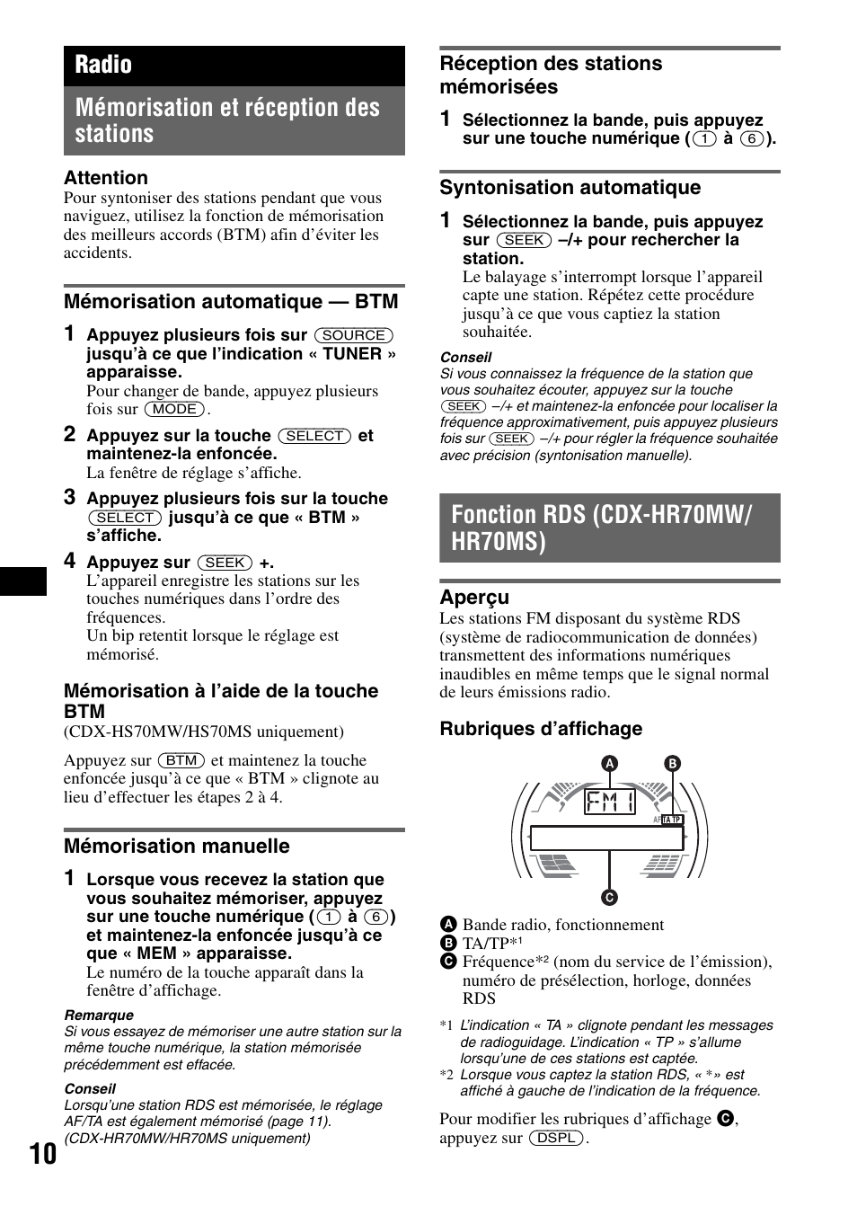 Radio, Mémorisation et réception des stations, Mémorisation automatique - btm | Mémorisation manuelle, Réception des stations mémorisées, Syntonisation automatique, Fonction rds (cdx-hr70mw/ hr70ms), Aperçu, Fonction rds (cdx-hr70mw/hr70ms), Radio mémorisation et réception des stations | Sony CDX-HS70MW User Manual | Page 30 / 132