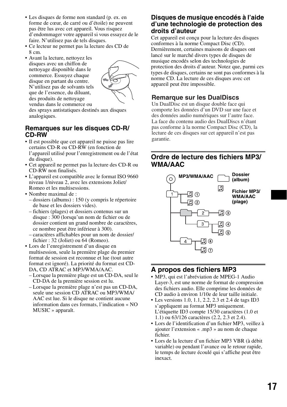 Ordre de lecture des fichiers mp3/ wma/aac, A propos des fichiers mp3 | Sony CDX-HS70MW User Manual | Page 37 / 132