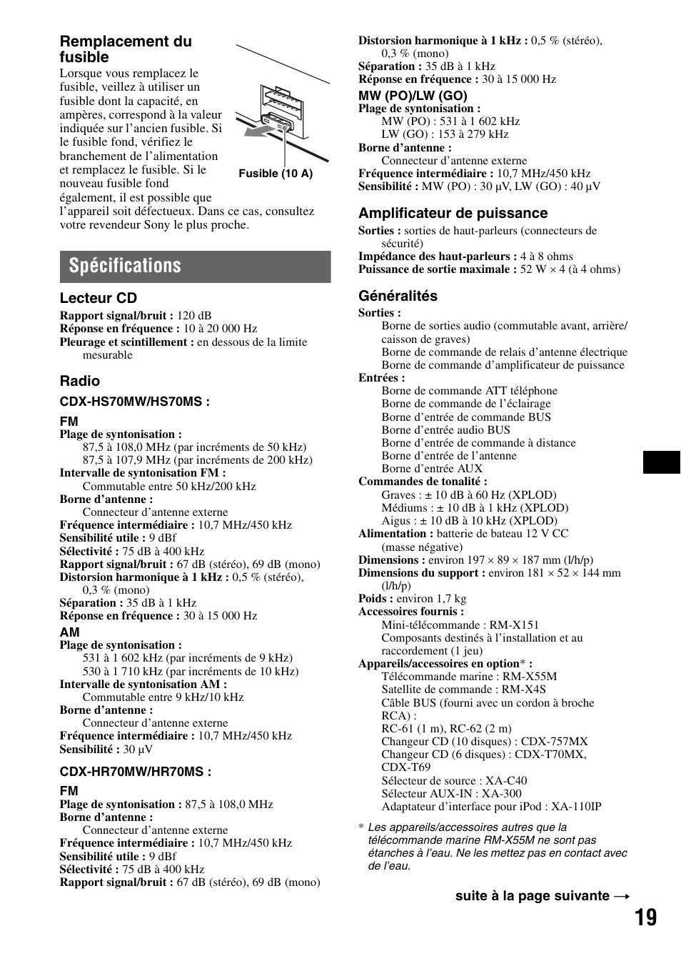 Spécifications, Remplacement du fusible | Sony CDX-HS70MW User Manual | Page 39 / 132