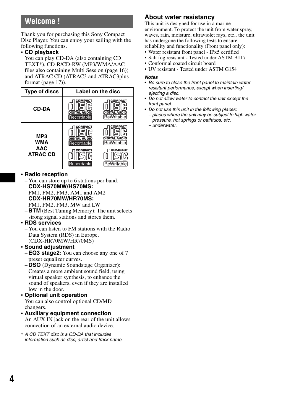 Welcome | Sony CDX-HS70MW User Manual | Page 4 / 132