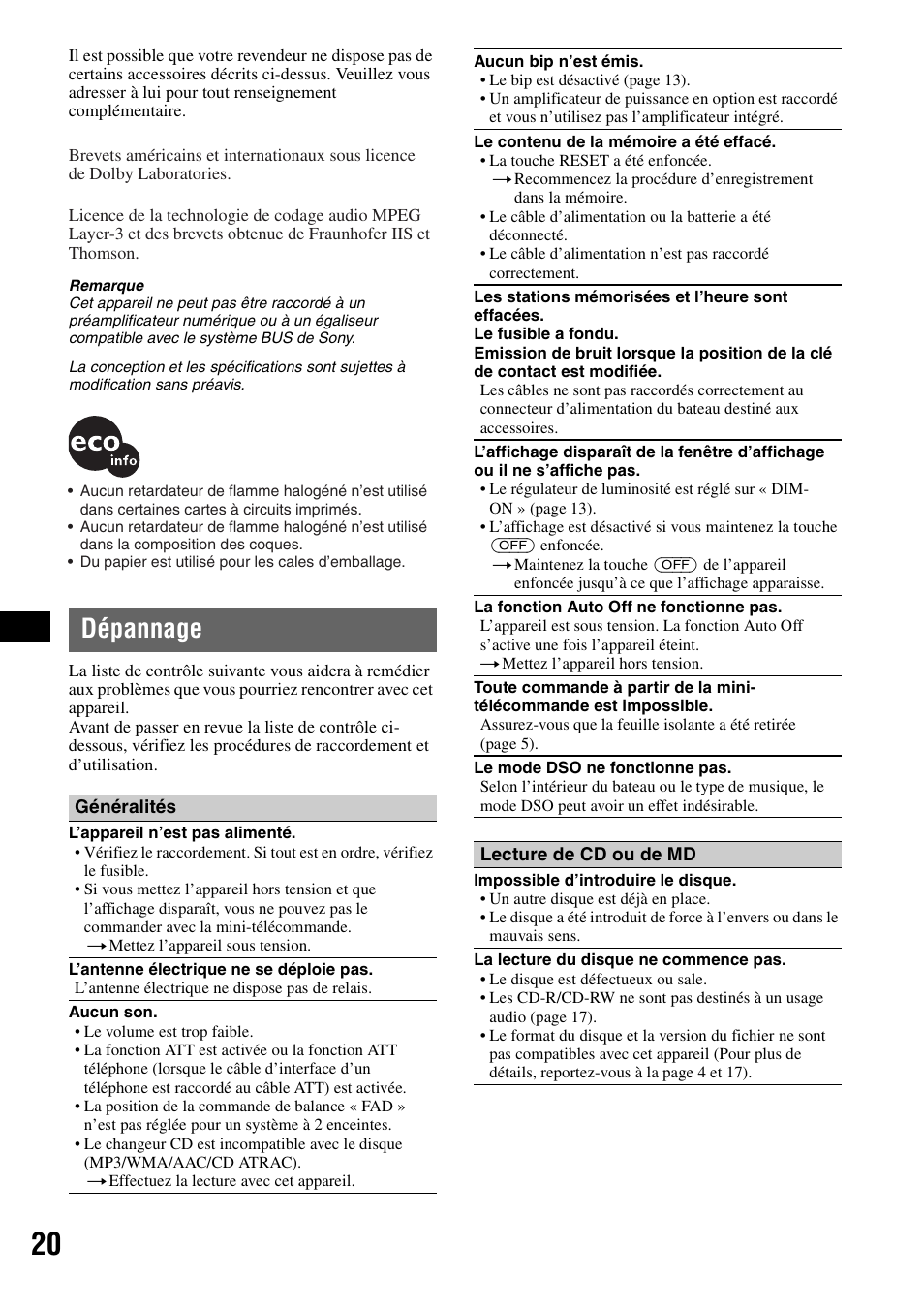 Dépannage | Sony CDX-HS70MW User Manual | Page 40 / 132