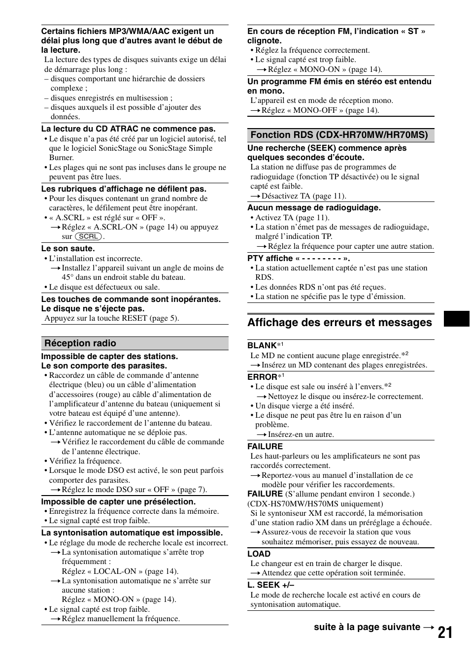 Affichage des erreurs et messages | Sony CDX-HS70MW User Manual | Page 41 / 132