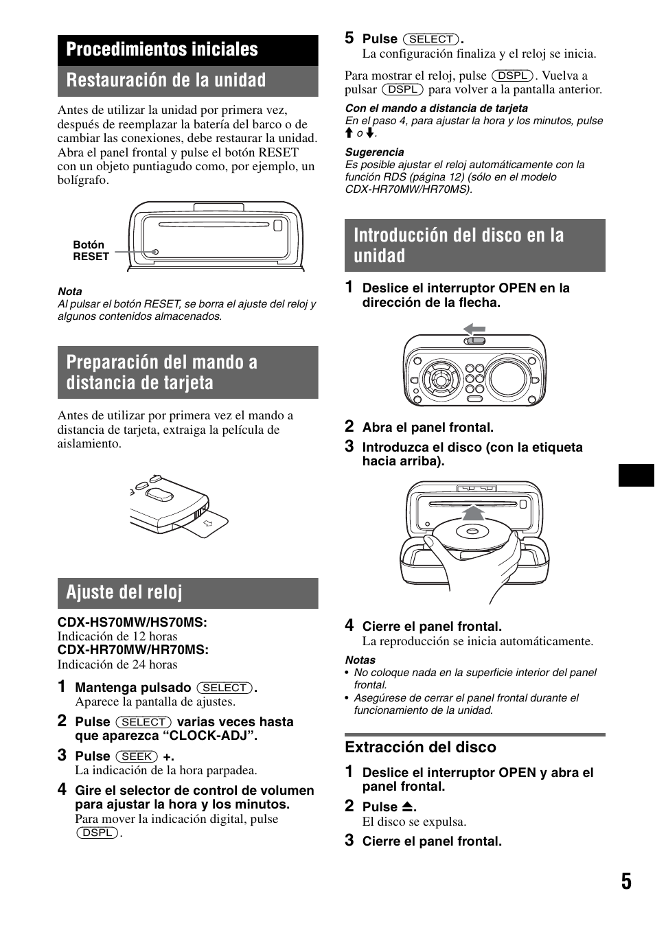 Procedimientos iniciales, Restauración de la unidad, Preparación del mando a distancia de tarjeta | Ajuste del reloj, Introducción del disco en la unidad, Extracción del disco, Procedimientos iniciales restauración de la unidad | Sony CDX-HS70MW User Manual | Page 47 / 132
