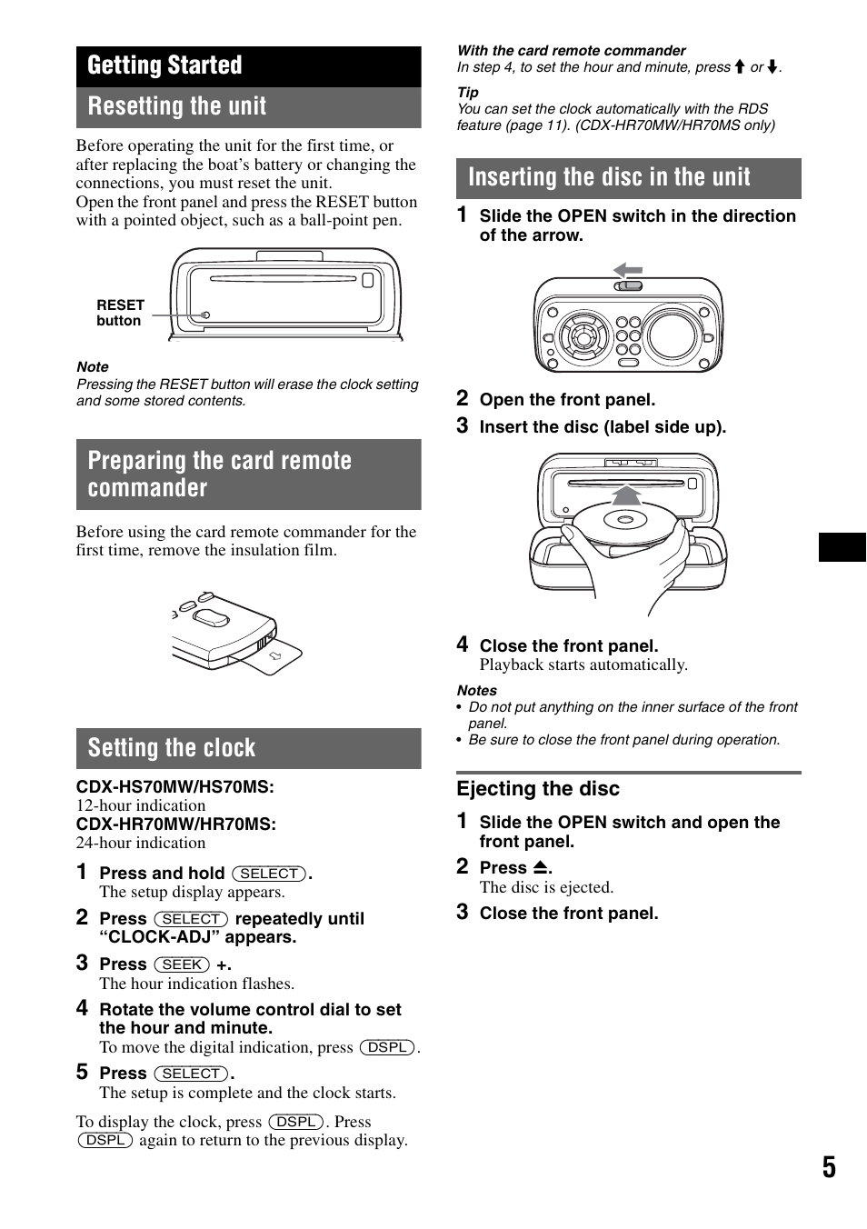 Getting started, Resetting the unit, Preparing the card remote commander | Setting the clock, Inserting the disc in the unit, Ejecting the disc, Getting started resetting the unit | Sony CDX-HS70MW User Manual | Page 5 / 132