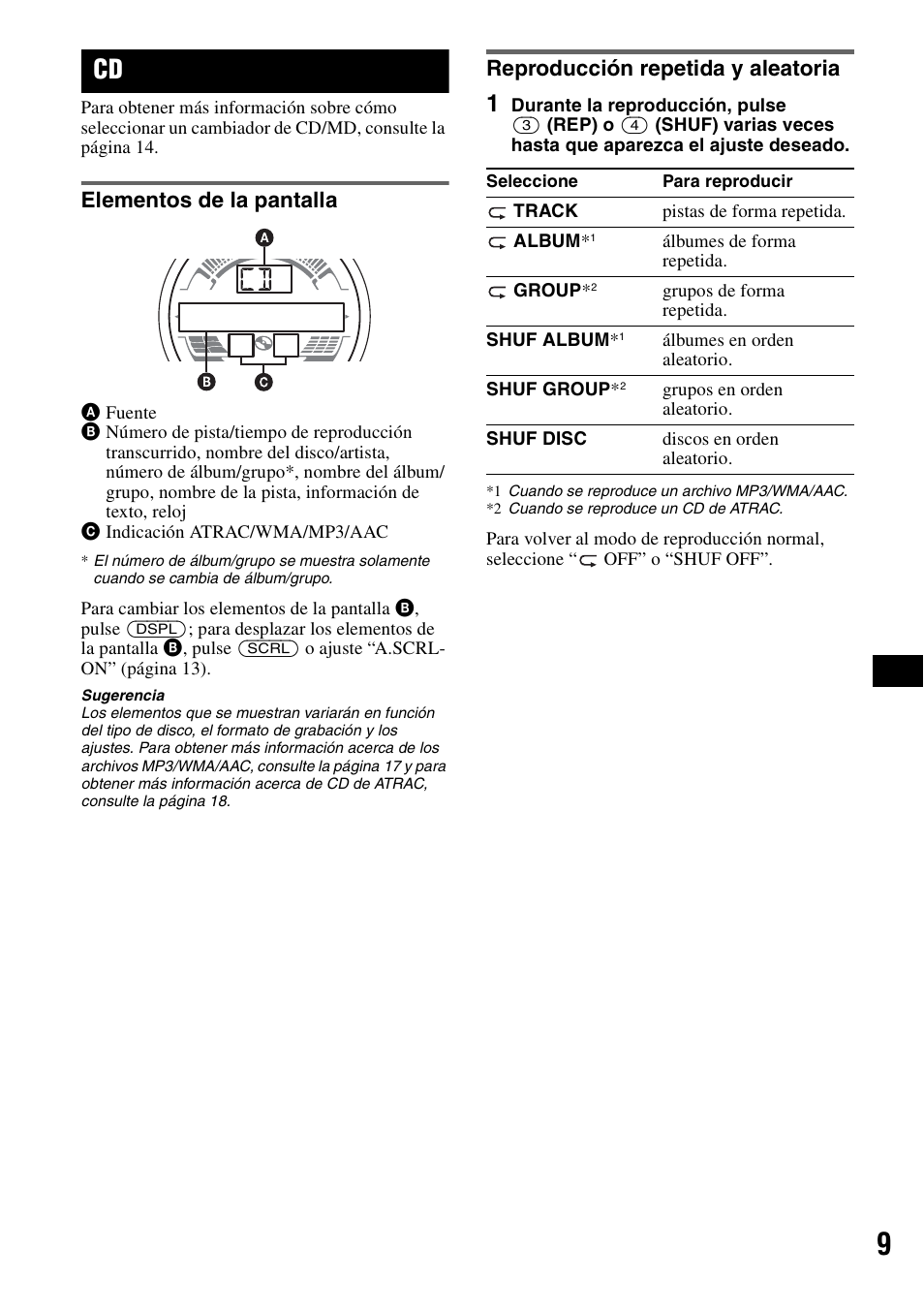 Elementos de la pantalla, Reproducción repetida y aleatoria, Ep 9 | Sony CDX-HS70MW User Manual | Page 51 / 132