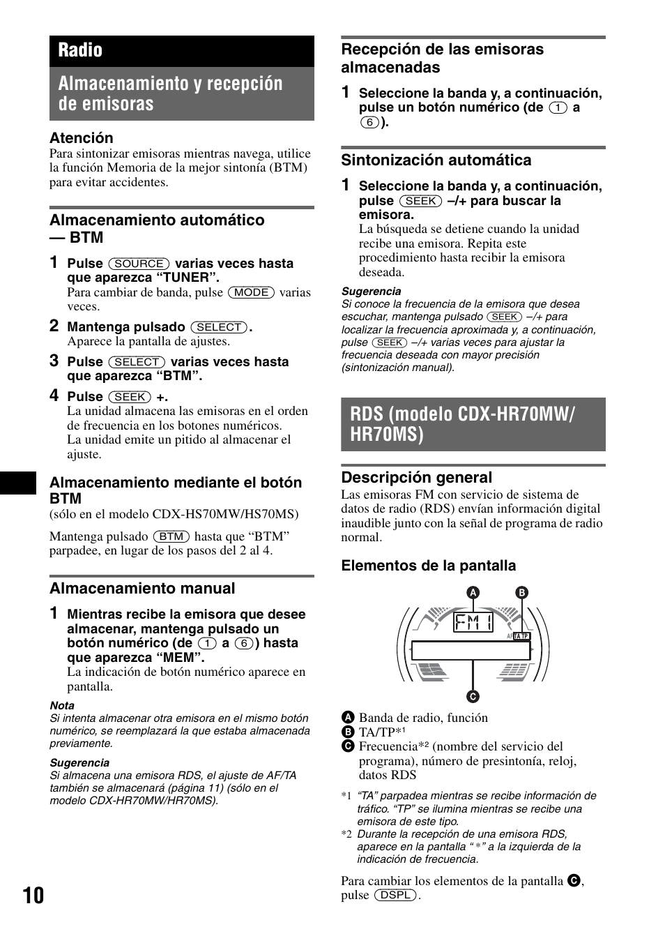 Radio, Almacenamiento y recepción de emisoras, Almacenamiento automático - btm | Almacenamiento manual, Recepción de las emisoras almacenadas, Sintonización automática, Rds (modelo cdx-hr70mw/ hr70ms), Descripción general, Rds (modelo cdx-hr70mw/hr70ms), Radio almacenamiento y recepción de emisoras | Sony CDX-HS70MW User Manual | Page 52 / 132