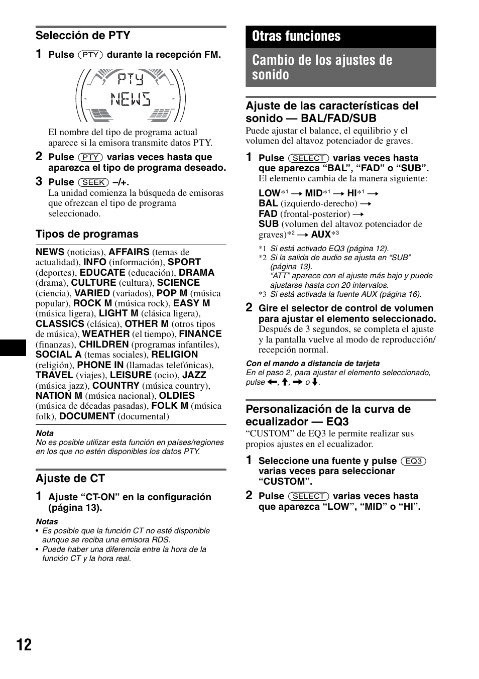 Selección de pty, Ajuste de ct, Otras funciones | Cambio de los ajustes de sonido, Personalización de la curva de ecualizador - eq3, Selección de pty ajuste de ct, Otras funciones cambio de los ajustes de sonido | Sony CDX-HS70MW User Manual | Page 54 / 132