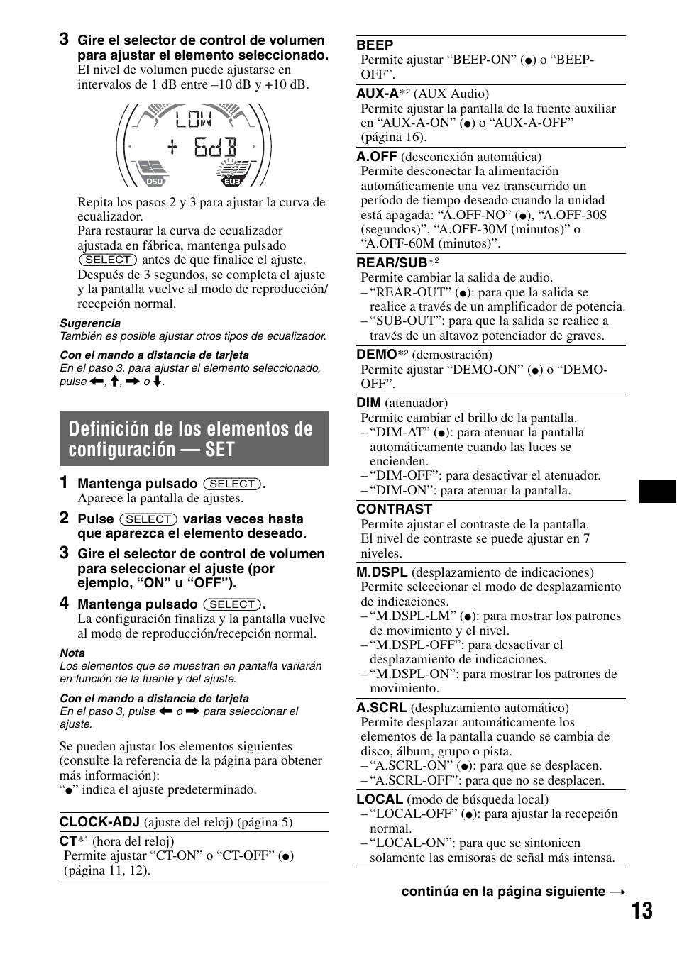 Definición de los elementos de configuración - set, Definición de los elementos de configuración — set | Sony CDX-HS70MW User Manual | Page 55 / 132