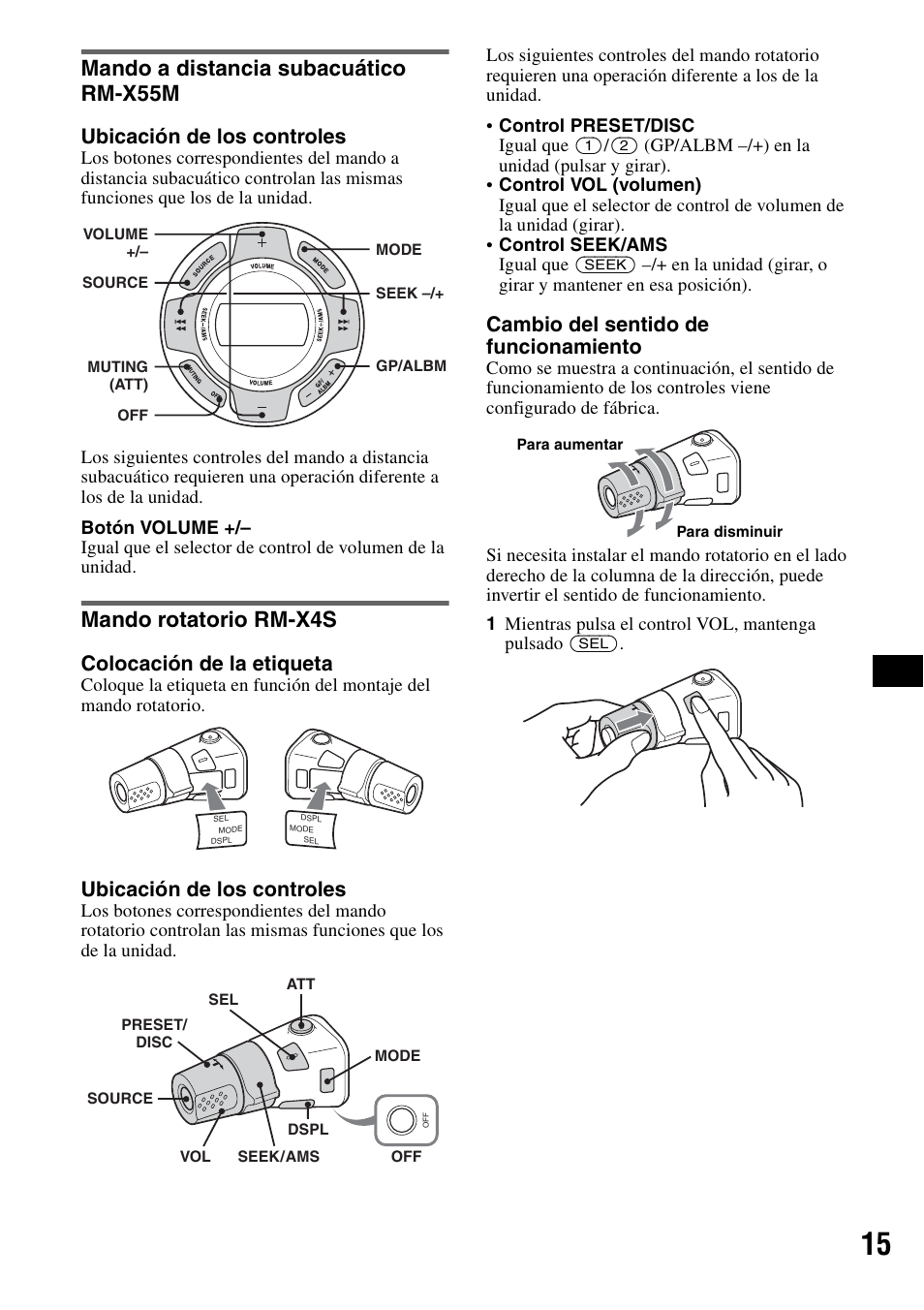 Mando a distancia subacuático rm-x55m, Mando rotatorio rm-x4s, Ubicación de los controles | Colocación de la etiqueta, Cambio del sentido de funcionamiento | Sony CDX-HS70MW User Manual | Page 57 / 132