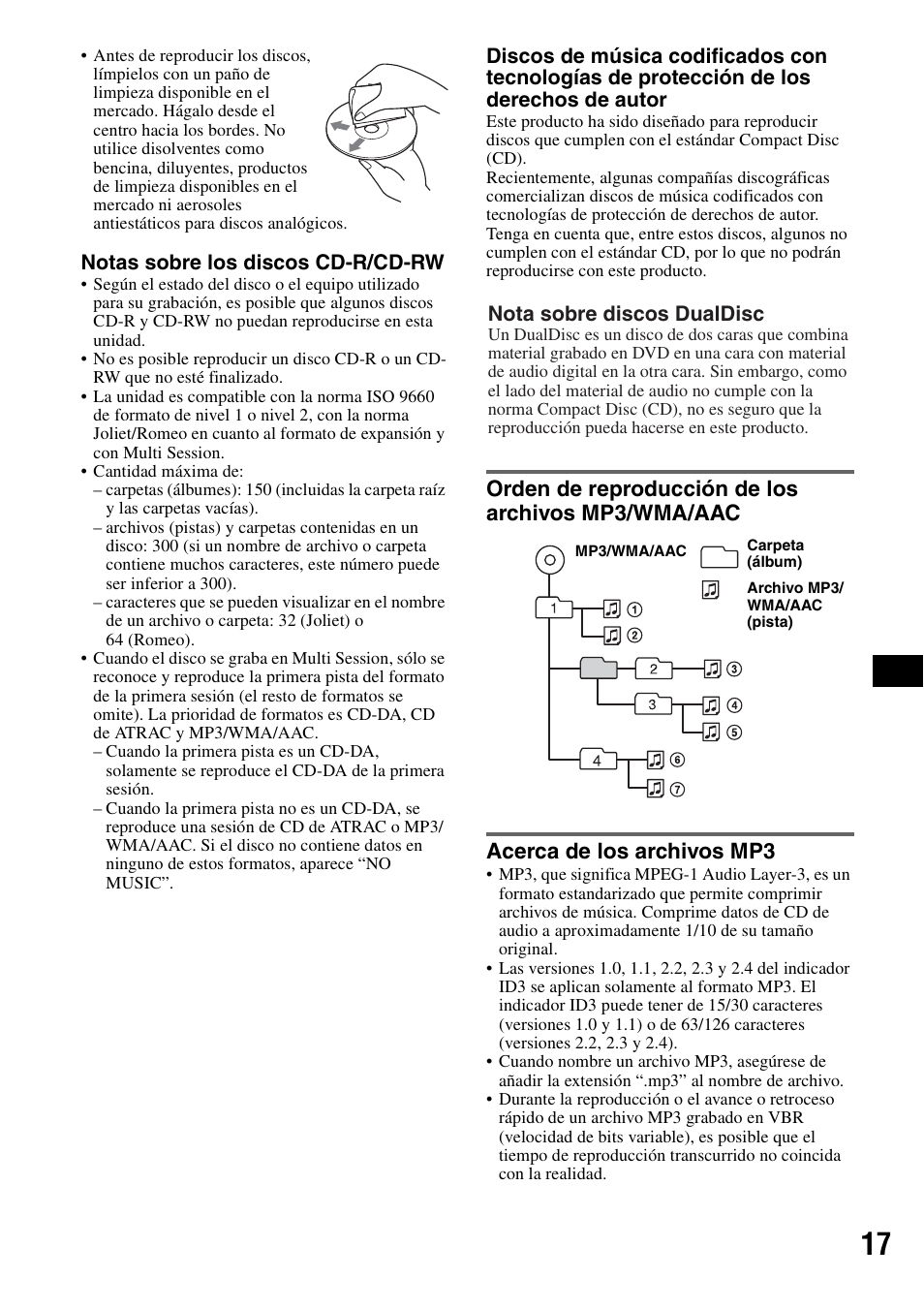 Orden de reproducción de los archivos mp3/wma/aac, Acerca de los archivos mp3 | Sony CDX-HS70MW User Manual | Page 59 / 132