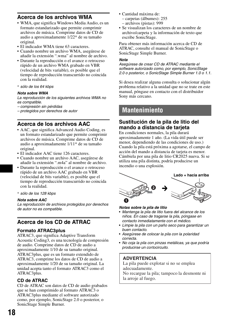 Acerca de los archivos wma, Acerca de los archivos aac, Acerca de los cd de atrac | Mantenimiento | Sony CDX-HS70MW User Manual | Page 60 / 132