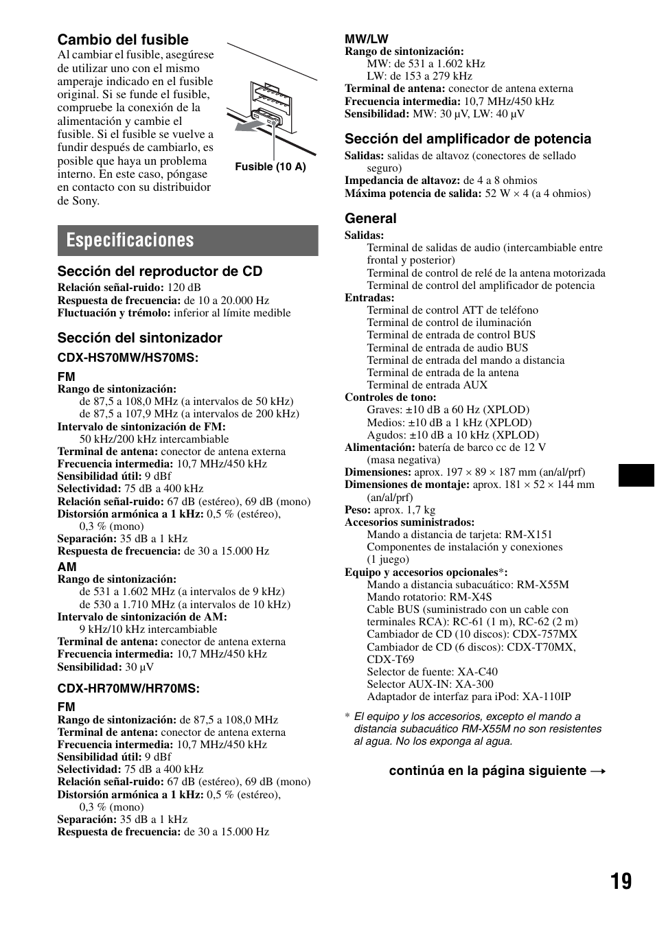 Especificaciones, Cambio del fusible | Sony CDX-HS70MW User Manual | Page 61 / 132