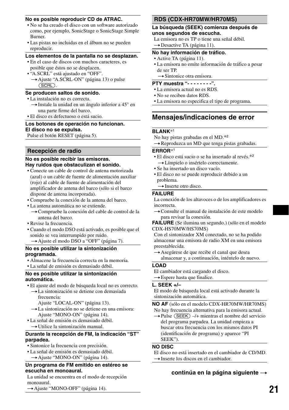 Mensajes/indicaciones de error | Sony CDX-HS70MW User Manual | Page 63 / 132
